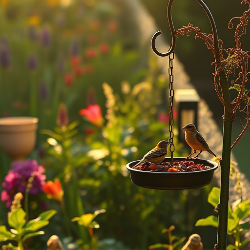 Sunlit garden with birds eating seed