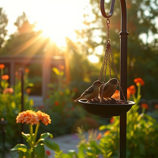 Sunlit garden with birds eating seed