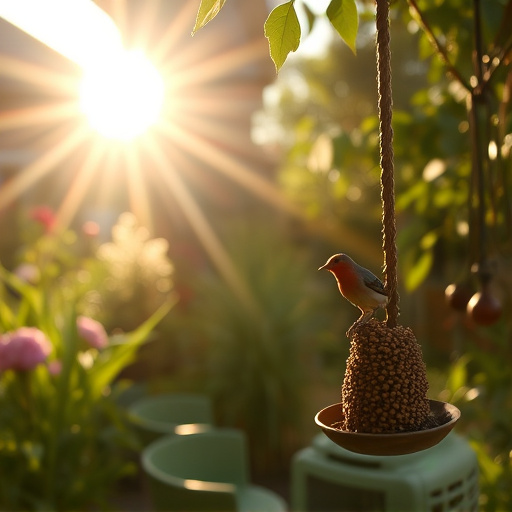 Sunlit garden with birds eating seed