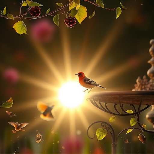 Sunlit garden with birds eating seed