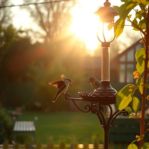 Sunlit garden with birds eating seed