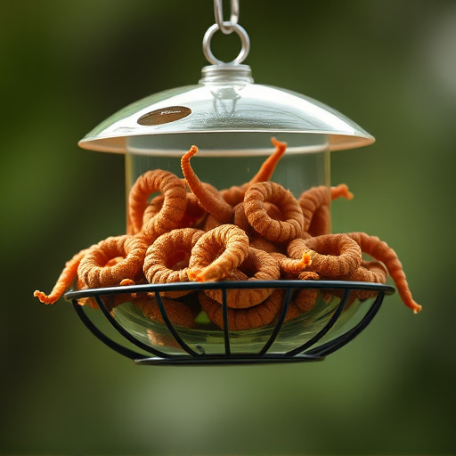 Suspended feeder filled with wriggly treats