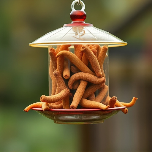Suspended feeder filled with wriggly treats