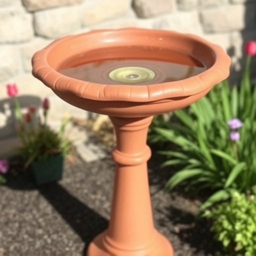 Terracotta bird bath with clear reflection
