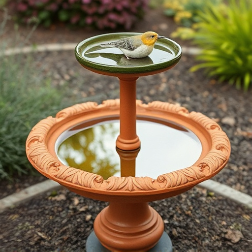 Terracotta bird bath with clear reflection
