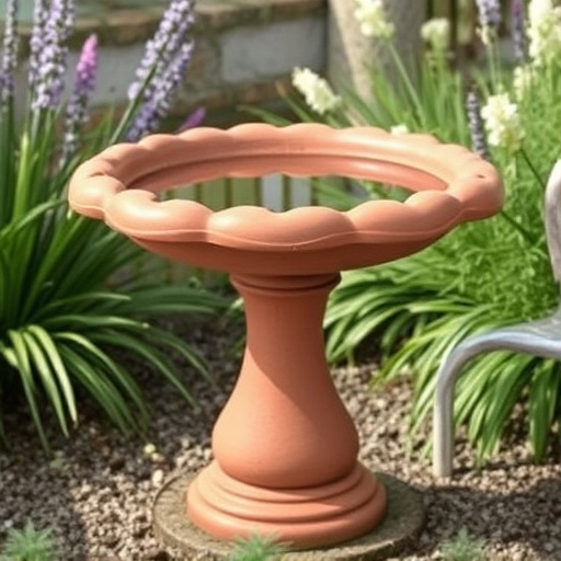 Terracotta bird bath with clear reflection