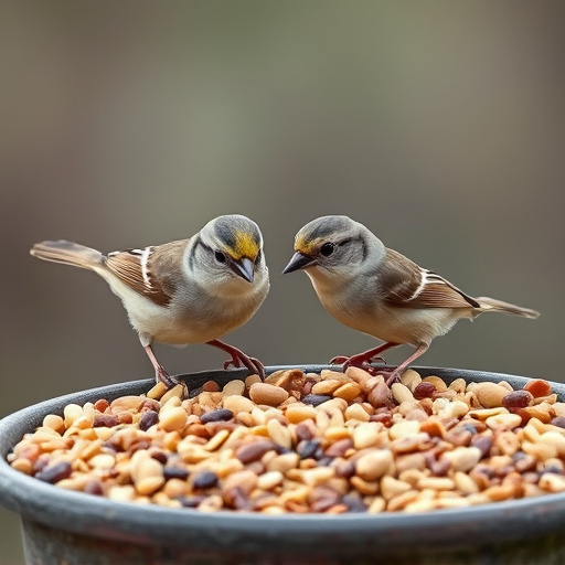 Tiny birds enjoying fresh seed mixture