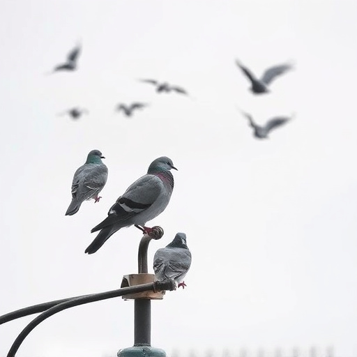 Tiny birds perched, pigeons kept away
