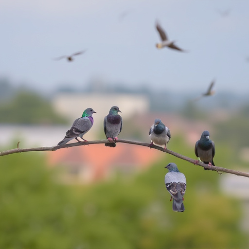 Tiny birds perched, pigeons kept away