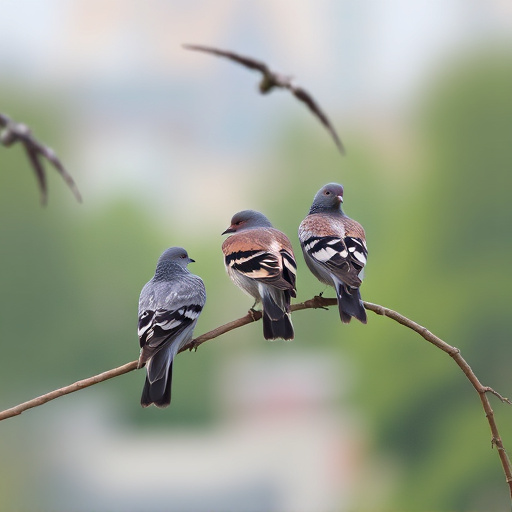 Tiny birds perched, pigeons kept away