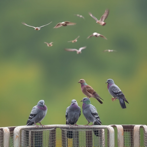 Tiny birds perched, pigeons kept away