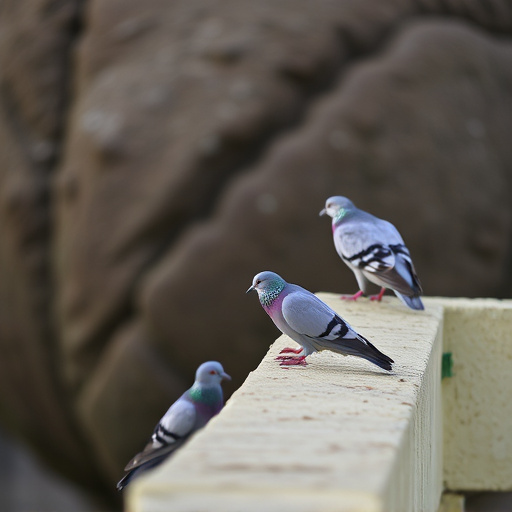 Tiny birds perched, pigeons kept away