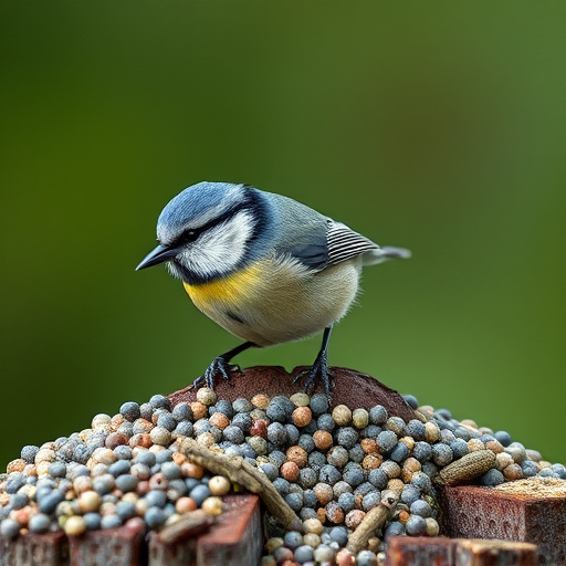 Tiny blue tit pecking suet pellets