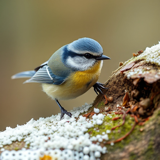 Tiny blue tit pecking suet pellets
