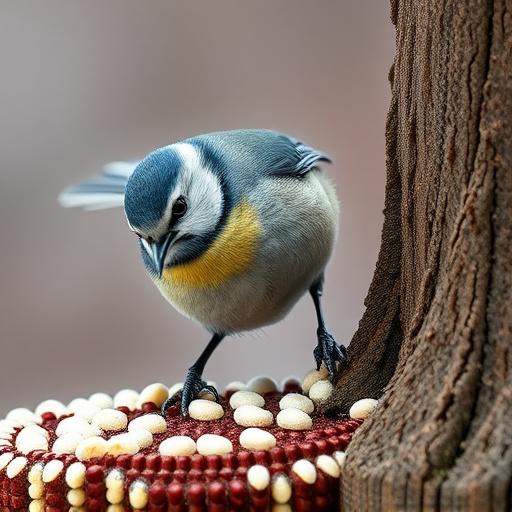 Tiny blue tit pecking suet pellets