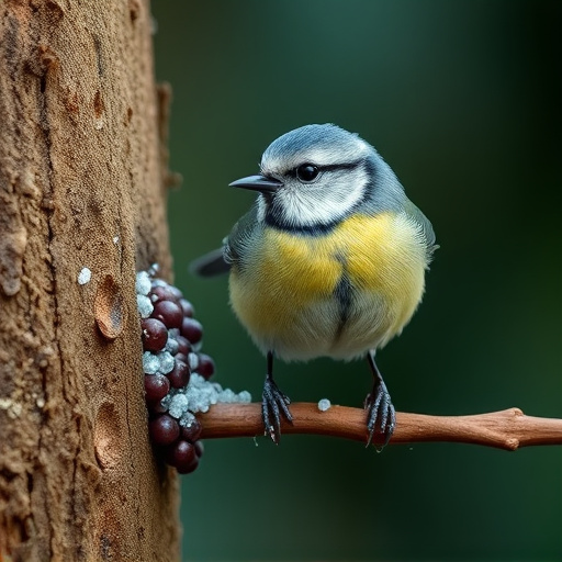 Tiny blue tit pecking suet pellets