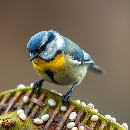 Tiny blue tit pecking suet pellets