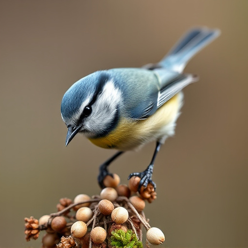 Tiny blue tit pecking suet pellets
