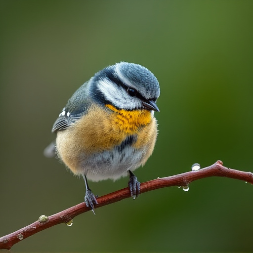 Tiny blue tit pecking suet pellets