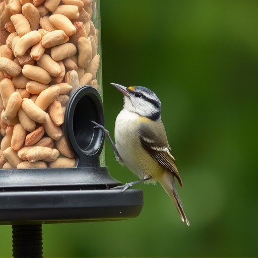 Tit bird feeding from peanut feeder