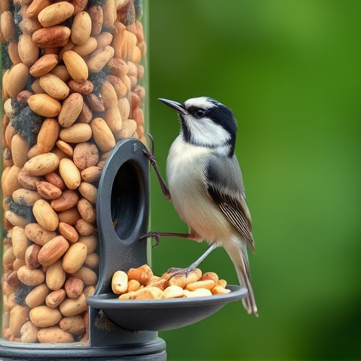 Tit bird feeding from peanut feeder