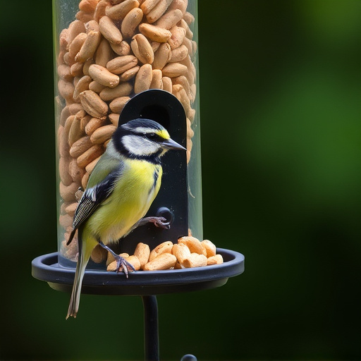 Tit bird feeding from peanut feeder