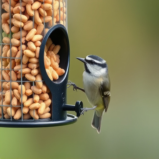 Tit bird feeding from peanut feeder