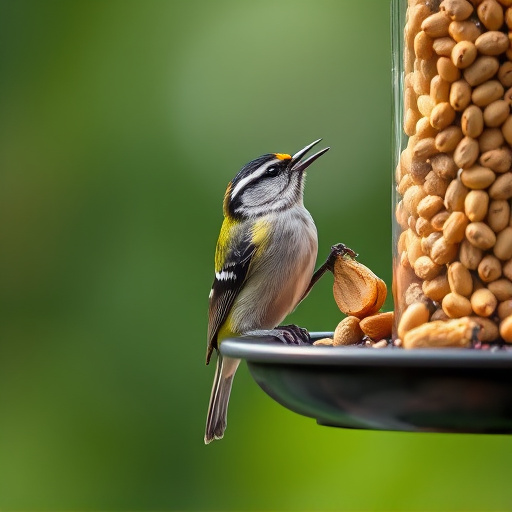 Tit bird feeding from peanut feeder