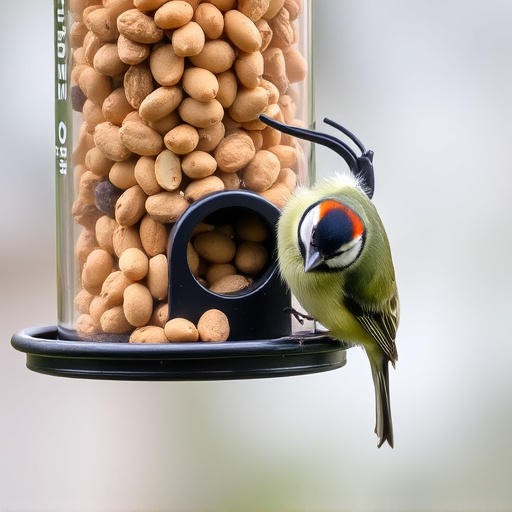 Tit bird feeding from peanut feeder