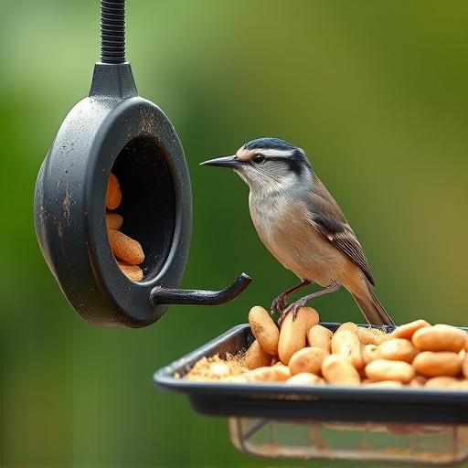 Tit bird feeding from peanut feeder