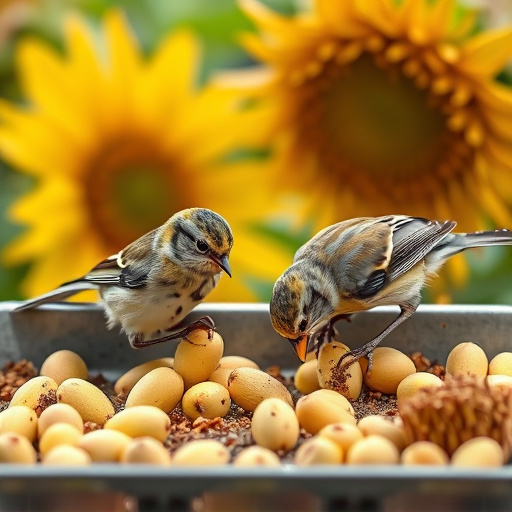 Tits feeding from tray of sunflower hearts