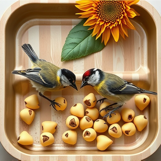 Tits feeding from tray of sunflower hearts