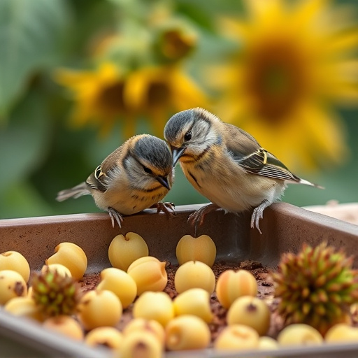 Tits feeding from tray of sunflower hearts