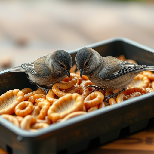 Tits feeding on mealworms in tray