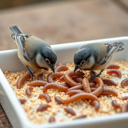 Tits feeding on mealworms in tray