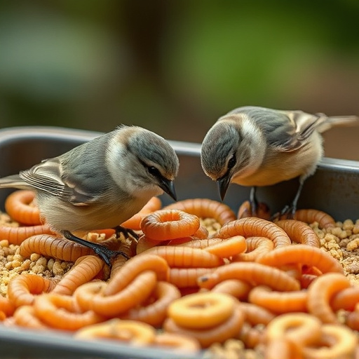 Tits feeding on mealworms in tray
