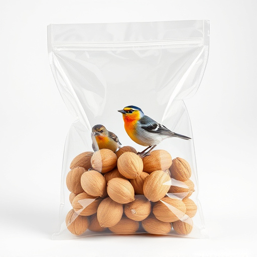 Transparent pouch of peanuts for birds