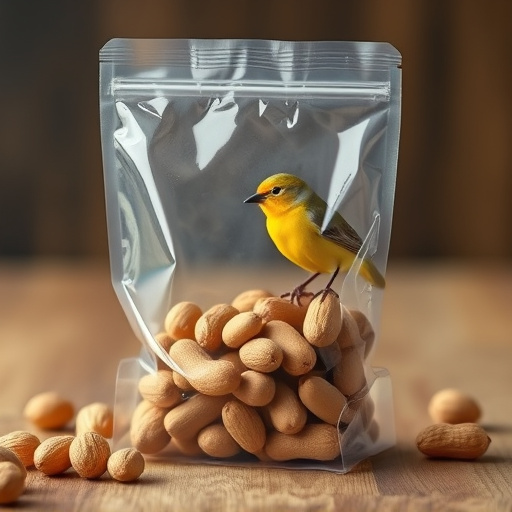 Transparent pouch of peanuts for birds