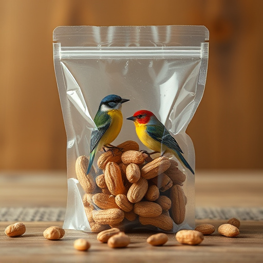 Transparent pouch of peanuts for birds