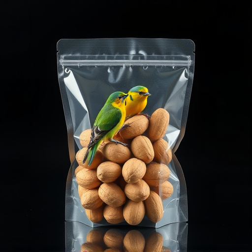 Transparent pouch of peanuts for birds