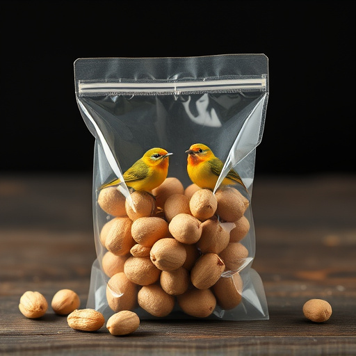 Transparent pouch of peanuts for birds