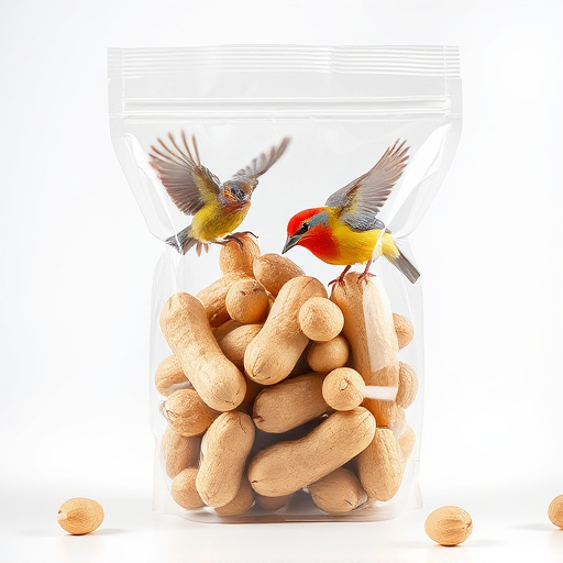 Transparent pouch of peanuts for birds