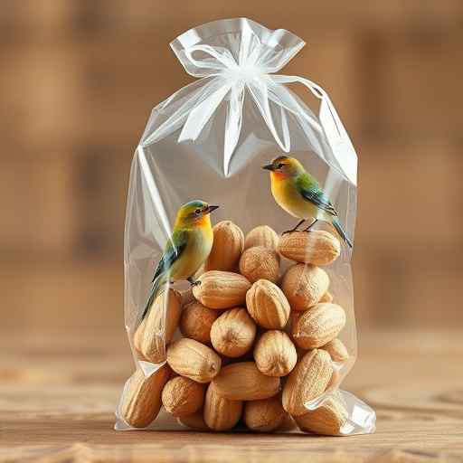 Transparent pouch of peanuts for birds