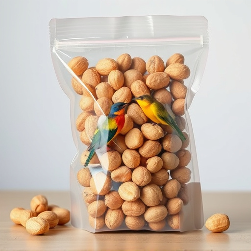 Transparent pouch of peanuts for birds