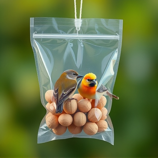 Transparent pouch of peanuts for birds
