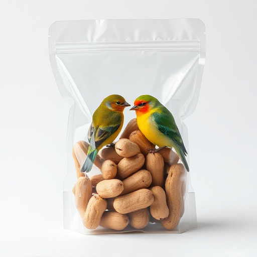 Transparent pouch of peanuts for birds