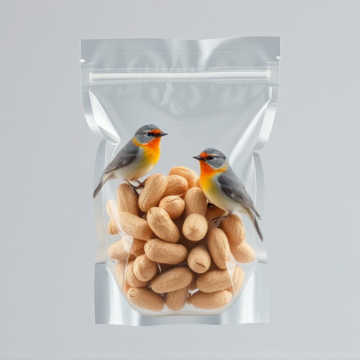 Transparent pouch of peanuts for birds