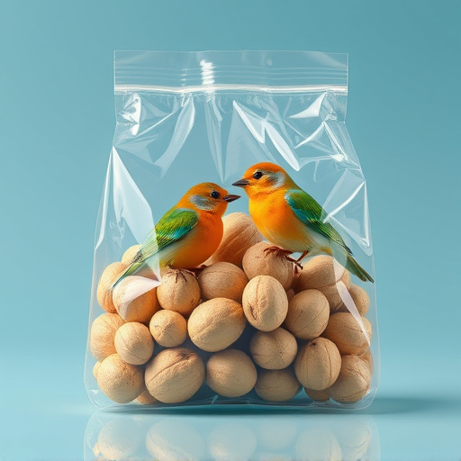 Transparent pouch of peanuts for birds