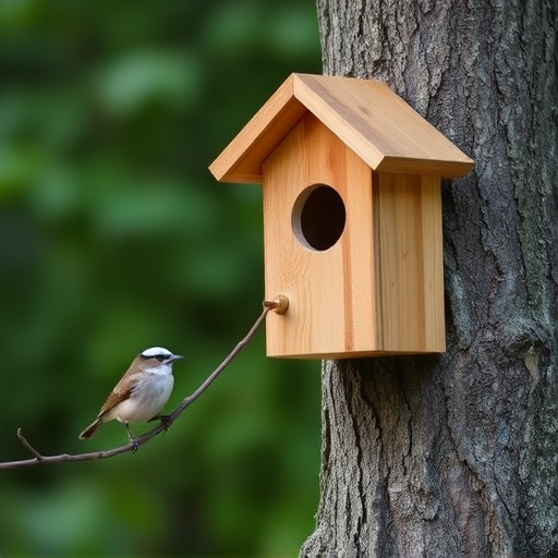 Tree-mounted bird box with bird nearby