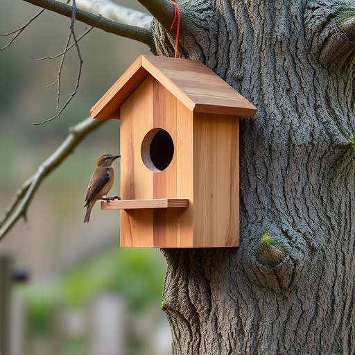 Tree-mounted bird box with bird nearby